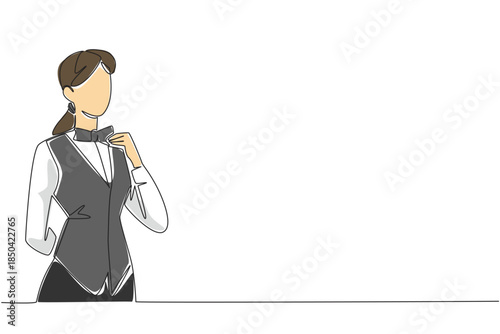 Single one line drawing woman wears a waitstaff uniform holds bow tie with one of hands. Selected as the best employee of the year. National Waitstaff Day. Continuous line design graphic illustration