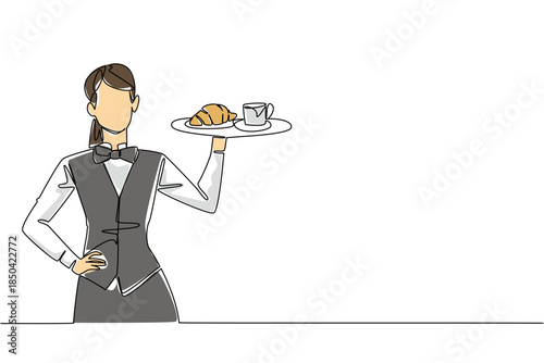 Continuous one line drawing a female waitstaff with apron holding a tray containing a mug and a croissant. A satisfying sweet taste. National Waitstaff Day. Single line draw design vector illustration