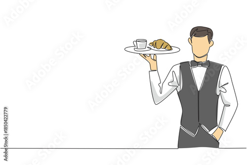 Single continuous line drawing male waitstaff with apron holding a tray containing a mug and a croissant. Bring a simple breakfast menu. National Waitstaff Day. One line design vector illustration