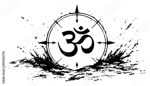 Spiritual Om symbol inside compass with water splashes