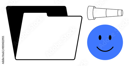 Exploration concept. Exploration ed by a folder, telescope, and happy face icon. Exploration enhances creativity, discovery, and innovation. For project management, education motivation and design