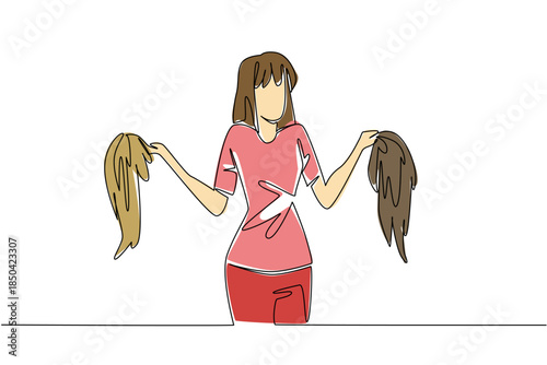Continuous one line drawing a woman in casual clothes holding 2 wigs. Confused between two good choices. Stunning and different. National Wig Out Day. Single line draw design vector illustration