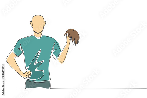 Single continuous line drawing a bald man holding a wig. Covering baldness. Involved in the fashion industry. New style with thick hair. National Wig Out Day. One line design vector illustration