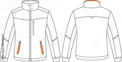 Modern utility jacket technical fashion sketch, front and back view, zipper pockets, high collar, vector template, flat CAD drawing illustration