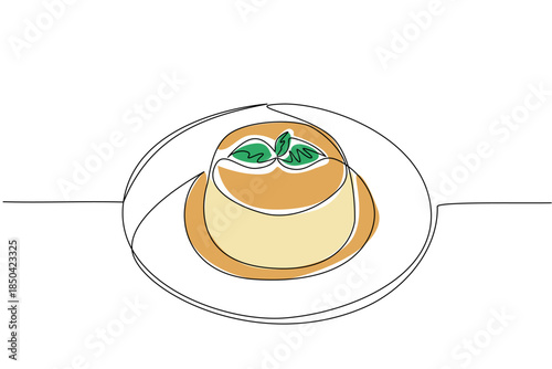 Single one line drawing vanilla pudding topped with mint leaves and caramel sauce on plate. Simple yet luxurious presentation. National Vanilla Pudding Day. Continuous line design graphic illustration