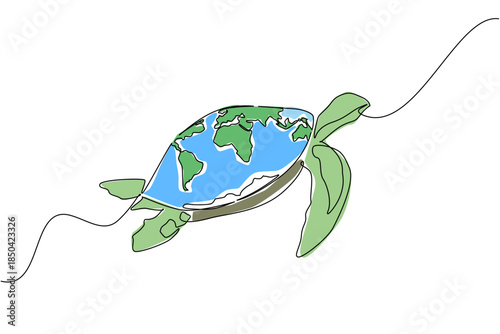 Continuous one line drawing side view, turtle with world map shell swimming. Cute animals that can be kept as pets but are endangered. World Turtle Day. Single line draw design vector illustration