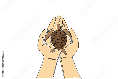 Continuous one line drawing the turtle is placed on two palms. Releasing newborn turtles into nature. Return it to its natural habitat. World Turtle Day. Single line draw design vector illustration