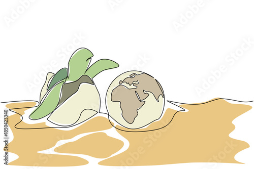 Single continuous line drawing turtles hatch from eggs and the eggs are intact with a globe like surface. Hatch one. Maintain the ecosystem. World Turtle Day. One line design vector illustration