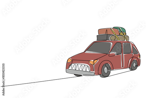 Single continuous line drawing car carrying a lot of luggage on the roof rack. Family car for long road trips. Excess clothing supply. National Road Trip Day. One line design vector illustration