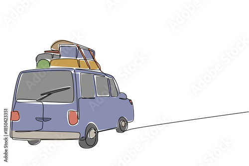Continuous one line drawing rear view of the car carrying lot of luggage on the roof rack. Overland journey with plenty of supplies. National Road Trip Day. Single line draw design vector illustration