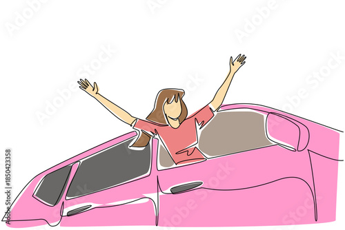 Single one line drawing a woman sticks part of body out of the window and stretches out arms. The end of a long journey. Arriving. National Road Trip Day. Continuous line design graphic illustration