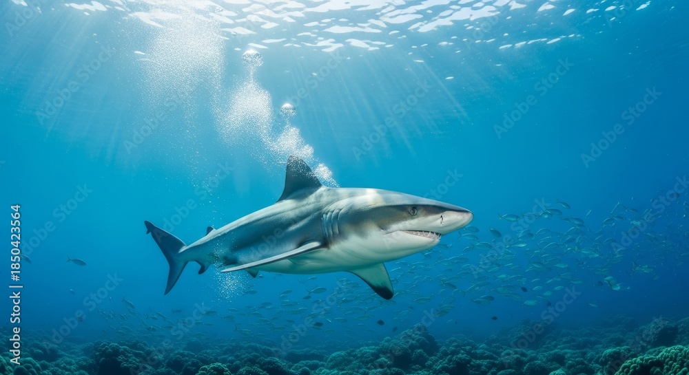 Naklejka premium Shark swimming powerfully through clear ocean water, showcasing its streamlined body and sharp fins. A top marine predator symbolizing strength, speed, and ocean wildlife.