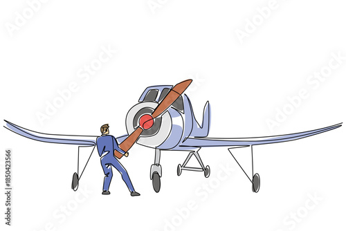Single one line drawing an aircraft technician is checking the propeller. Propeller rotation does not meet standards. Aviation Maintenance Technician Day. Continuous line design graphic illustration