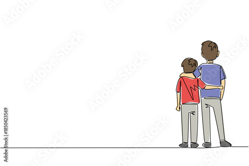 Single continuous line drawing rear view, two brothers standing embracing each other. Posing compactly in the open air. Childhood memory photo. Day of Brother. One line design vector illustration