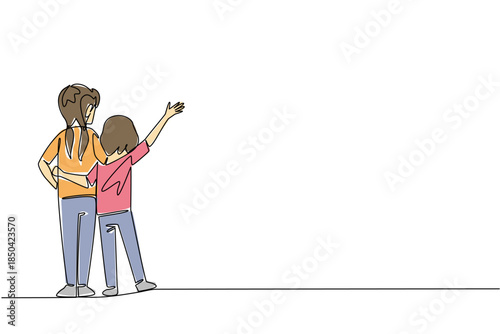 Single one line drawing rear view, two little sisters standing embracing each other. Always get along wherever. The protector. Loving. Day of Brother. Continuous line design graphic illustration