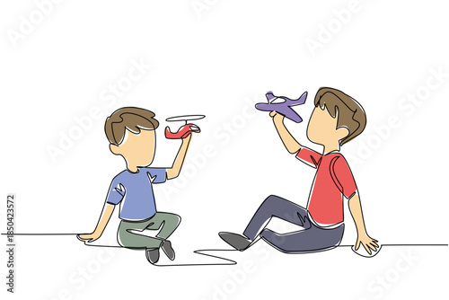 Single continuous line drawing two brothers sitting and playing together on the floor. Playing the same game because of the same toy hobby. Happy. Day of Brother. One line design vector illustration