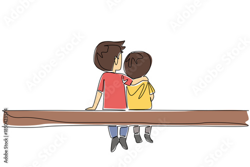 Single continuous line drawing two brothers boys sitting on the wood. Always look after the younger sibling with love. Loving. Caring. Happiness. Day of Brother. One line design vector illustration