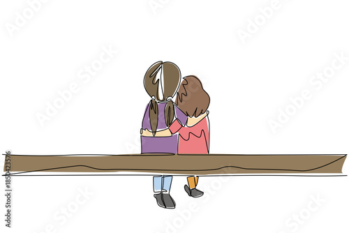 Continuous one line drawing two little sisters sits on the wood. Taking younger sibling to play outside. Seeing the expanse of green grass. Day of Brother. Single line draw design vector illustration