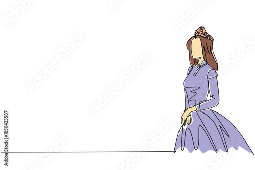 Single one line drawing a woman wearing a princess dress and wearing a tiara crown. Empowering women. Giving appreciation for all contributions. Tiara Day. Continuous line design graphic illustration