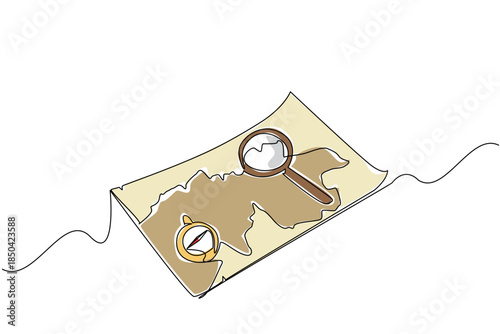 Single continuous line drawing treasure map paper with compass, magnifier glass. Tools for fun games. Hunting with pleasure. Exciting. National Scavenger Hunt Day. One line design vector illustration
