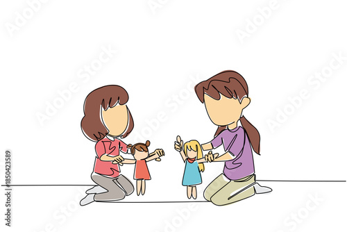 Single one line drawing two little sisters sitting and playing with dolls together on the floor. Take care and love each other. Happiness. Day of Brother. Continuous line design graphic illustration