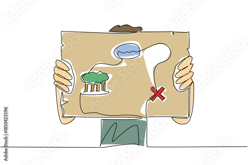 Continuous one line drawing person holding treasure map sheet with the map image facing forward. Have a fun day. The excitement National Scavenger Hunt Day. Single line draw design vector illustration