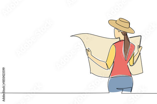 Single continuous line drawing a woman wearing a vest and cowboy hat holds and spreads a map. Searching for random items for fun. National Scavenger Hunt Day. One line design vector illustration