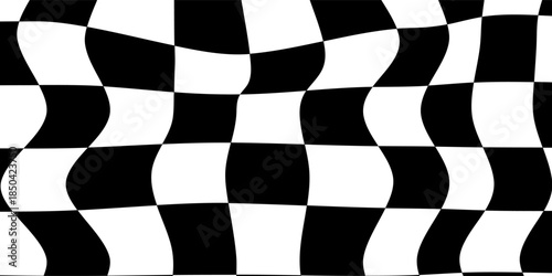 Retro psychedelic checkered wallpaper. Trippy checkerboard background. Wavy groovy chessboard surface. Distorted geometric grid chess pattern. Abstract black and white race flag backdrop.