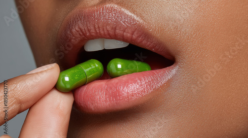 Cápsulas verdes y labios femeninos: Suplementos y belleza, Primer plano de mujer tomando cápsulas verdes, Cuidado personal: Mujer tomando suplementos verdes