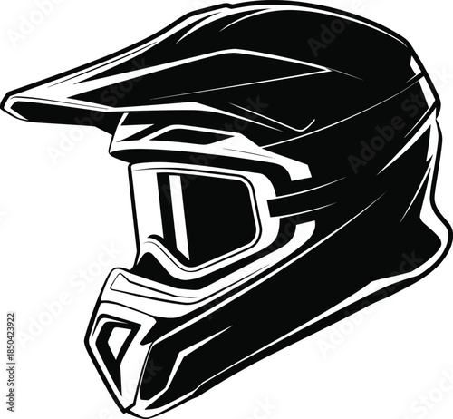 Motocross helmet silhouette, black vector illustration, off-road safety gear, protective sports equipment, extreme racing design, rugged style, biker headwear icon