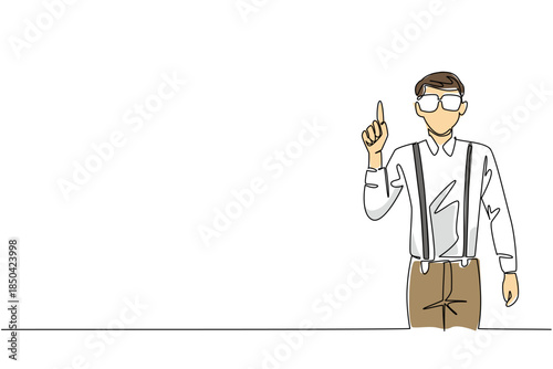 Single one line drawing man wear long sleeved shirt with suspenders raises one of his index fingers. Funny gestures from the most genius. Geek Pride Day. Continuous line design graphic illustration