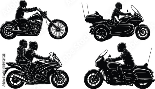 Motorcycle Riders Silhouettes Set: Sport Bike Couple, Chopper and Touring Motorbikes with Sidecar, Transportation Black Vector Illustration