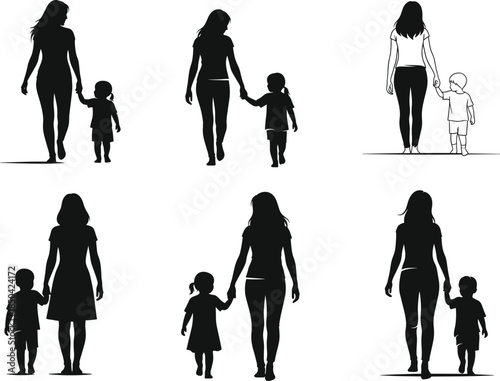 Mother and child walking silhouette, family bond vector, parenting illustration, emotional connection, caregiver support, black and white minimalist art