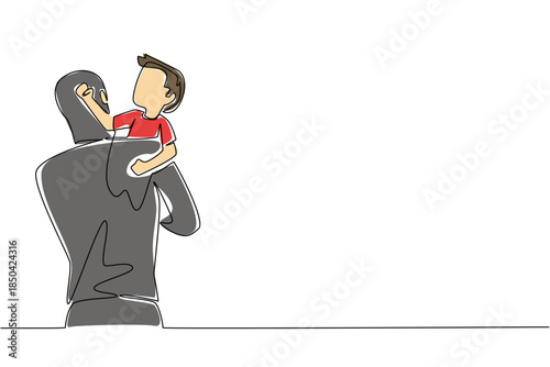Single continuous line drawing a man carrying a struggling boy. Child kidnapping attempts are on the rise. Increase alertness. National Missing of Children Day. One line design vector illustration
