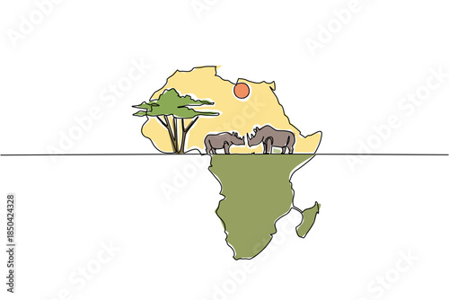 Continuous one line drawing African continent with central part containing 2 rhinoceros, the sun and a big tree. Good ecosystem. Habitat. Global Africa Day. Single line draw design vector illustration