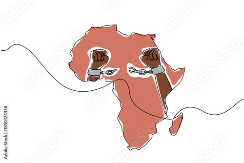 Single one line drawing African continent with two clenched fists and handcuffs broken in middle of continent. Freedom from slavery. African Liberation Day. Continuous line design graphic illustration