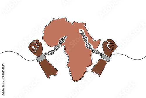 Continuous one line drawing 2 clenched hands with broken handcuffs and the African continent. Commemoration. Unity of the people. African Liberation Day. Single line draw design vector illustration