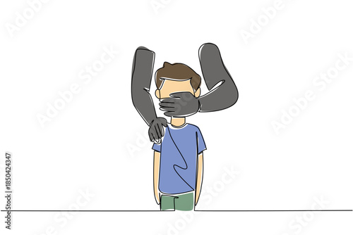 Single one line drawing mouth of a boy covered by an adult from behind. Child kidnapping. Body organs will be sold. Crime. National Missing of Children Day. Continuous line design graphic illustration