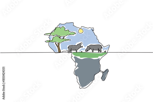 Single continuous line drawing two hippopotamuses fighting in the middle of the African continent. Has the ability to run very fast in water. Global Africa Day. One line design vector illustration