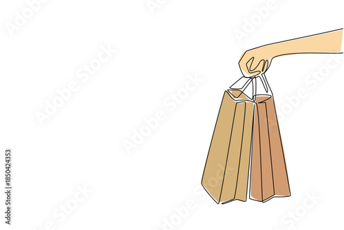 Single continuous line drawing hands holding some brown paper bags. Carry the shopping with eco friendly bags. Recycling technology. National Brown Bag It Day. One line design vector illustration