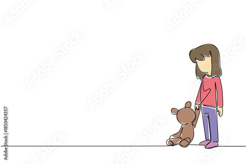 Continuous one line drawing a girl standing and looking down dejectedly holding a teddy bear. Leaving deep trauma. Abuse. National Missing of Children Day. Single line draw design vector illustration