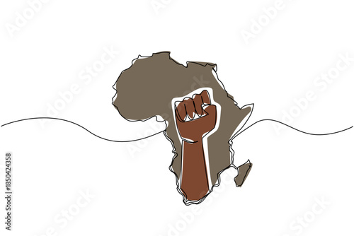 Continuous one line drawing the African continent with a clenched fist in the middle of the continent. Fighting for unity. Freedom. African Liberation Day. Single line draw design vector illustration