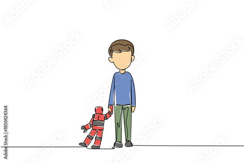 Single one line drawing a boy stands and looks down dejectedly holding a robot. Failed human trafficking. Trauma. Abuse. National Missing of Children Day. Continuous line design graphic illustration