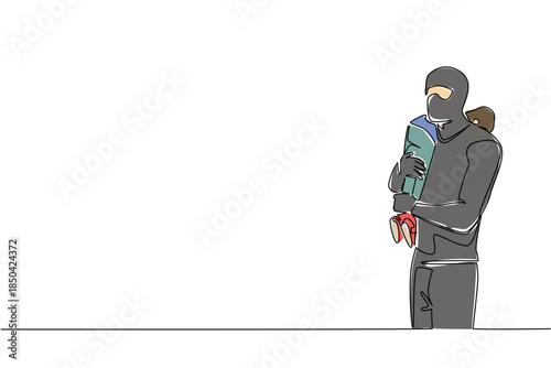 Single one line drawing a masked man carrying a boy. Prevent terror acts of child kidnapping. Increase alertness. Abuse. National Missing of Children Day. Continuous line design graphic illustration
