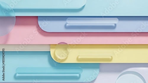 A playful 3D abstract background featuring layered horizontal bars and translucent glass droplets in a soft pastel palette of blue, pink, yellow, and lavender.