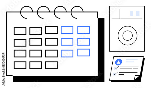 Calendar with marked dates, clock widget, and task checklist. Ideal for schedule planning, time management, productivity, organization, goal setting efficiency deadline tracking. Simple flat