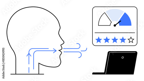 Voice recognition concept. Voice technology analysis through head profile interacting with device. Voice recognition impacts feedback, user evaluation, and digital interaction. Ideal for tech, AI