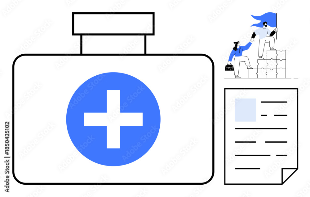 Obraz premium Healthcare, teamwork, collaboration, medical services, support, documentation. Medical icon with a cross, a person assisting another and a document outline. Healthcare and teamwork concept