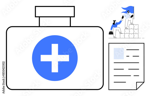 Healthcare, teamwork, collaboration, medical services, support, documentation. Medical icon with a cross, a person assisting another and a document outline. Healthcare and teamwork concept