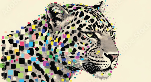 Close Up Portrait of a Leopard Face with Multicolored Pixel Art Effect